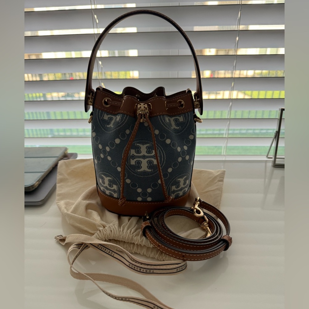 Tori Burch Mini T Monogram Denim Bucket Bag